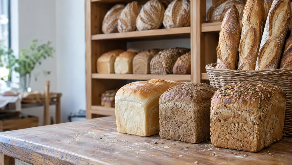Des pains carrés blancs, gris et aux céréales sur un comptoir en bois, des baguettes dans un panier