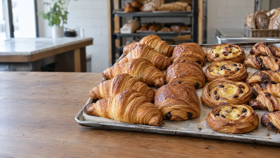 Une plaque de croissants, pains au chocolat et couques suisses