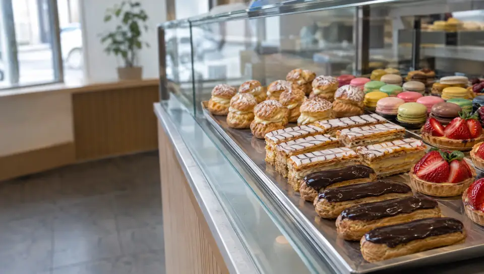 Une vitrine d’éclairs, mille-feuilles, choux, macarons et tartelettes aux fraises