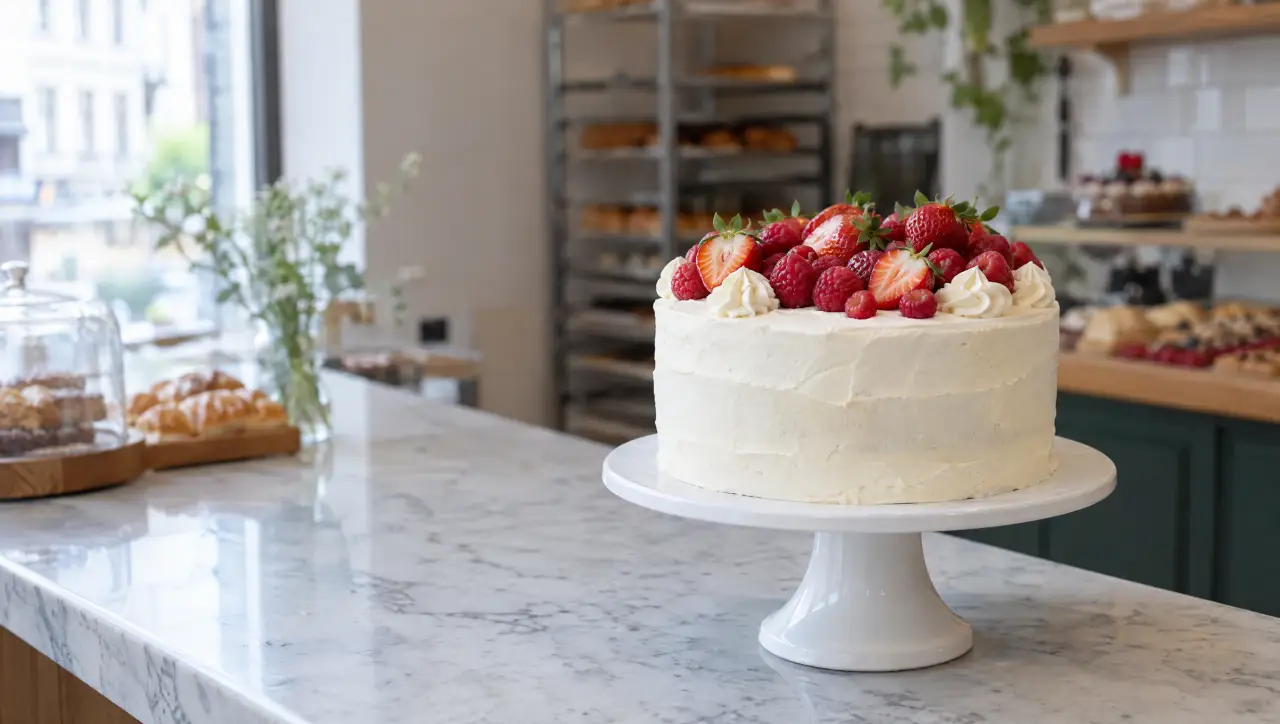 Un gâteau à la crème décoré de fraises et de framboises sur un présentoir