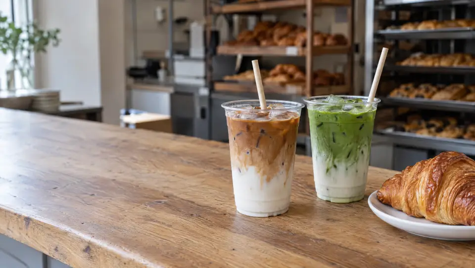 Un iced latte et un iced matcha à emporter à côté d’un croissant